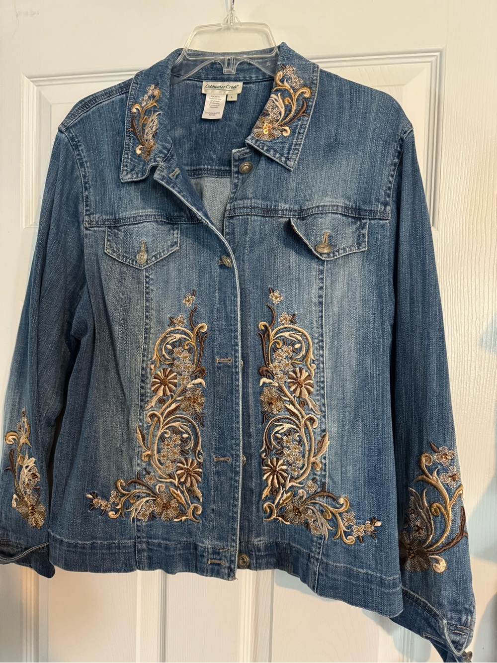 Coldwater Creek Blue Denim Jacket with Gold Embroidery